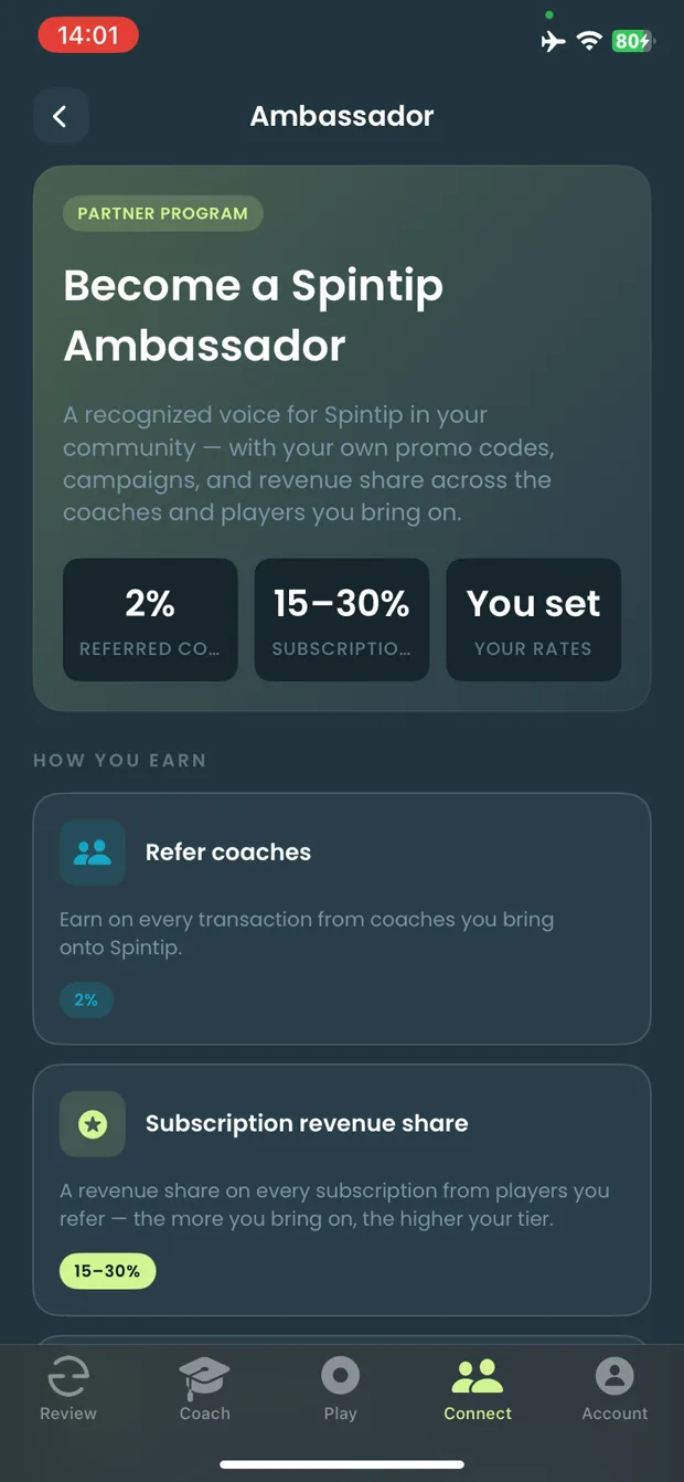 Become a Spintip Ambassador: the program page in the app