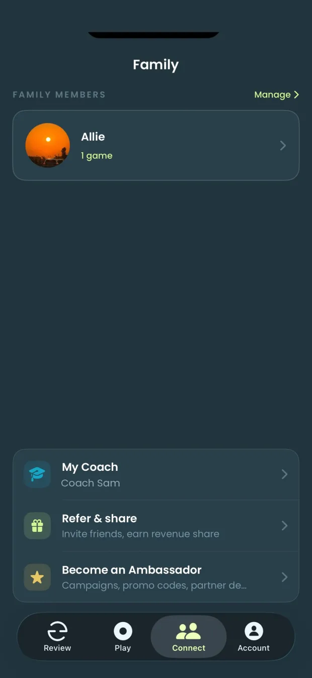 Account: My Coach, Refer and share, Become an Ambassador