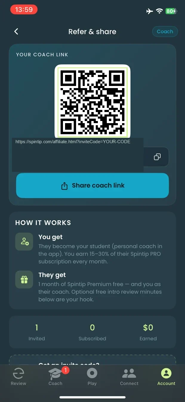 Refer and share: your link and QR, what you get, what they get